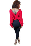 Red V Neck Long Sleeve Solid