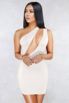 White Fashion Sexy Off The Shoulder Sleeveless one shoulder collar Slim Dress skirt hollow out ruffle back