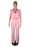 ピンク ファッション 大人の軽く調理されたツーピース スーツ ボタン ソリッド ストレート 半袖 ツーピース