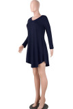 Navy Blue Sexy Cap Sleeve Long Sleeves V Neck Swagger Knee-Length Patchwork Solid 
