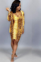 Yellow venetian Sexy Two Piece Suits Print pencil Nine Sleeves  Two-Piece Dress