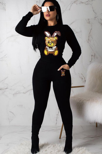 Black Elastic Fly Long Sleeve Mid Patchwork Sequin Print pencil Pants Two-piece suit