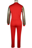 Röd stickad Sexig Patchwork Tvådelad kostym Solid Rak Långärmad