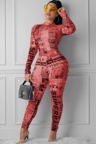 rozerood Sexy jumpsuits met rits en letterprint met lange mouwen en O-hals