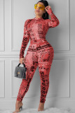rosa röd Sexig bokstav med dragkedja Tryck Långärmad O-hals Jumpsuits