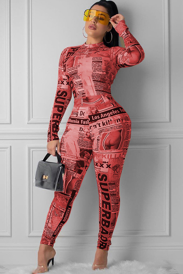 rozerood Sexy jumpsuits met rits en letterprint met lange mouwen en O-hals