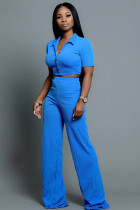 Синий модный взрослый легкий костюм из двух предметов, однотонный прямой костюм из двух предметов на пуговицах с короткими рукавами