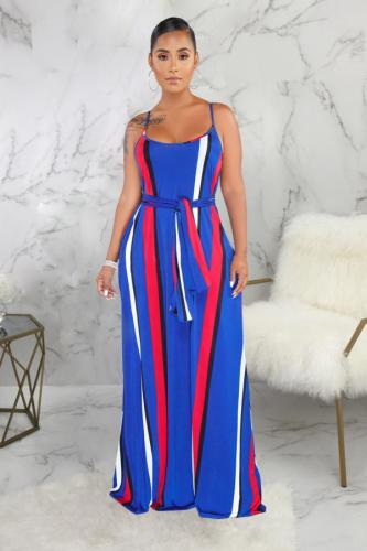 Blue Fashion Sexy Spaghetti Strap Sleeveless Slip A-Line Floor-Length Print asymmetrical Stripe