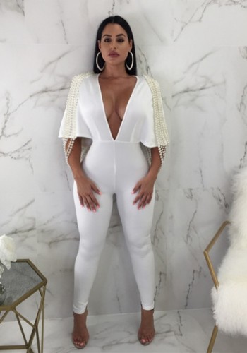 White Beading Solid Fashion sexy Jumpsuits & Rompers