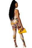 White Fashion Ma'am adult Sexy Two Piece Suits Print Patchwork pencil Sleeveless Two-piece Pant