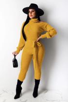 Yellow Sexy Fashion bandage Hollow Solid Patchwork Long Sleeve Turtleneck 