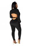 Black Sexy Fashion Solid Backless bandage Hollow Long Sleeve V Neck Jumpsuits
