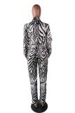 Black Fashion street zipper Print Striped Long Sleeve Turndown Collar Jumpsuits