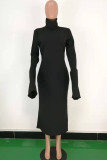 Black Sexy Bell sleeve Long Sleeves Turtleneck Step Skirt Mid-Calf asymmetrical Solid Patchwork