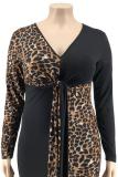 Blå Sexig vuxenmode V-hals Patchwork Print Leopardbandage Stitching Plus Size Klänningar