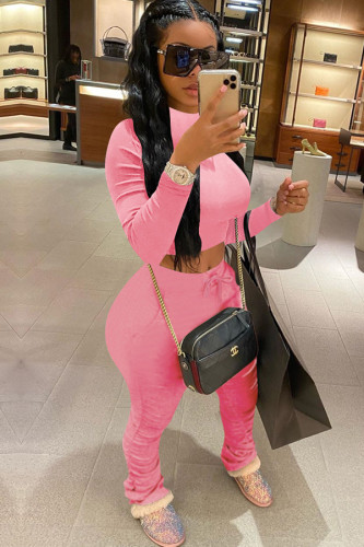 Pink knit Sexy Fashion Patchwork Two Piece Suits Solid Straight Long Sleeve 