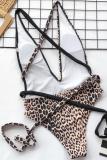 Conjunto de Bikinis de moda Sexy para adultos sin espalda con estampado de leopardo y vendaje de retazos con capucha de nailon negro