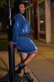 Bleu clair Street Turndown Collar Costumes deux pièces Perles solides Coutures anciennes
