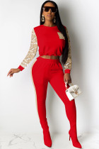 Red knit Sexy Patchwork Two Piece Suits Solid Straight Long Sleeve 