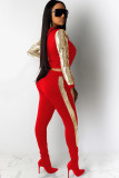 Costume deux pièces en tricot rouge, Sexy, Patchwork, couleur unie, manches longues, droite