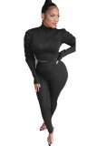 Black Casual Two Piece Suits Solid pencil Long Sleeve Two-piece Pants Set