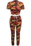 Orange Sexy Patchwork Two Piece Suits Print Straight Long Sleeve Two-piece Pants Set