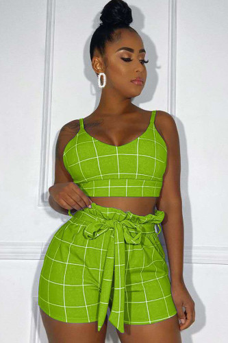 Verde moda senhora adulto sexy ternos de duas peças retalhos xadrez em linha reta sem mangas de duas peças sh