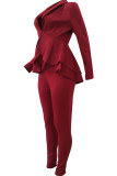 Винно-красный Повседневный костюм-двойка Пэчворк с рюшами Твердый карандаш с длинным рукавом