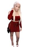 Wine Red Fashion Sexy adult Patchwork Two Piece Suits Sequin Solid Striped Mesh perspective Hip ski