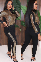 Rose Gold Polyester Active Solid Two Piece Suits Patchwork Sequin pencil Long Sleeve 