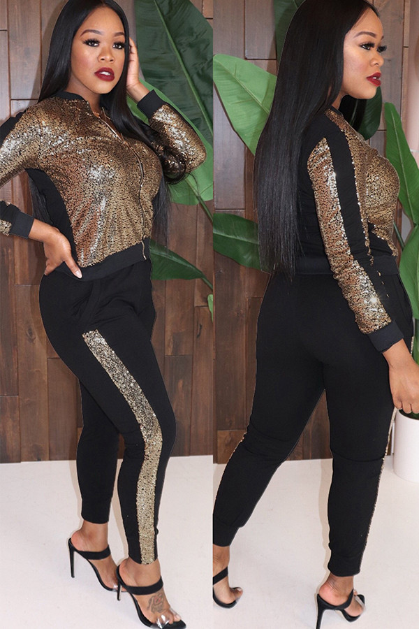 Rose Gold Active Solid Two Piece Suits Patchwork Sequin crayon Long Sleeve
