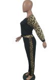 Rosa Casual tvådelade kostymer Leopard Patchwork penna Långärmad tvådelad byxuppsättning