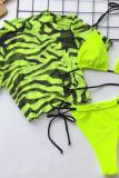 Imprimé en nylon vert fluo Un ensemble de bikinis sexy en patchwork de trois pièces pour adultes