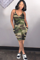 Army Green Sexy Fashion Camouflage Chemiefasermischung Ärmelloser Strampler mit V-Ausschnitt