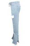 Ljusblå jeansknapp fluga ärmlös hög lapptvättning Hål Solid bandage Boot Cut Byxor