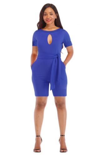Blue Sexy Fashion bandage Patchwork Solid Hollow Short Sleeve O Neck 