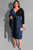 Blue Sexy adult Fashion V Neck Patchwork Print Leopard Bandage Stitching Plus Size Dresses