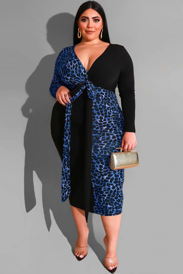 ブルーセクシーな大人のファッション V ネックパッチワークプリントヒョウ包帯ステッチプラスサイズのドレス
