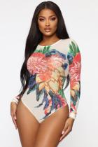 White Fashion Sexy Print Floral Patchwork Long Sleeve O Neck 