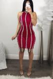 Red Sexy Off The Shoulder Sleeveless Halter Neck Pencil Dress Knee-Length Solid Print Patchwor