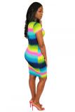 Multi-color Sexy Fashion Cap Sleeve Short Sleeves O neck Step Skirt Mid-Calf Ombre Patchwork Print Cl