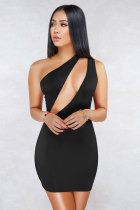 Black Fashion Sexy Off The Shoulder Sleeveless one shoulder collar Slim Dress skirt hollow out ruffle back