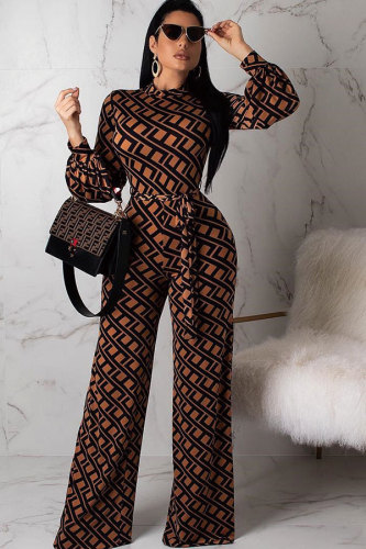 Brown Drawstring Long Sleeve Mid Print Patchwork Loose Pants