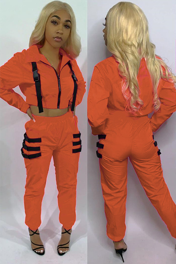 Costumes deux pièces décontractés orange crayon patchwork solide ensemble de pantalons deux pièces à manches longues