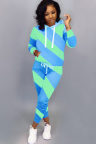 Blue Polyester Casual Fluorescent Patchwork Two Piece Suits pencil Long Sleeve 