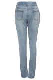 Pantaloni a matita patchwork di lavaggio tinta unita, senza maniche, elasticizzati, in denim azzurro