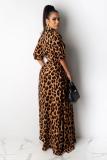 Leopard print Fashion adult Sexy Cap Sleeve Half Sleeves Turndown Collar Step Skirt Ankle-Length Print L