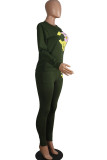 Army Green Active Solid Tvådelad kostymer Print Patchwork penna Långärmad