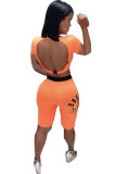 Oranje mode sexy rugloze patchwork print rechte tweedelige korte set met korte mouwen
