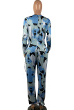 Blue Casual Print Long Sleeve V Neck Jumpsuits